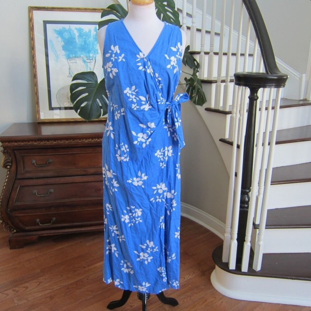 Ann Taylor Blue Floral Linen Blend Wrap Dress Women's Size 8